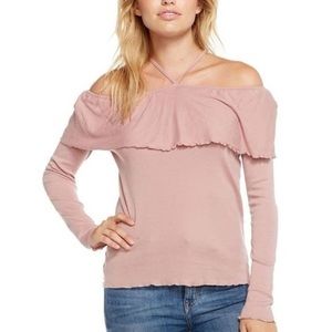 Chaser Baby Rib L/S Cold Shoulder Ruffle Top M NWT